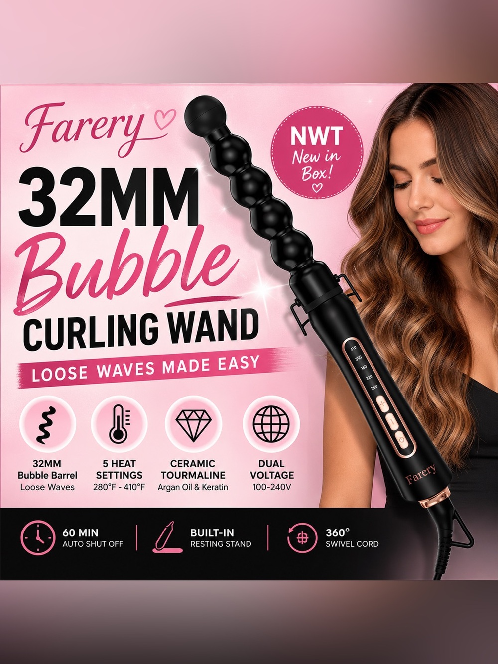 Farery 32mm Bubble Curling Wand Ceramic 5 Temp Dual Voltage NWT